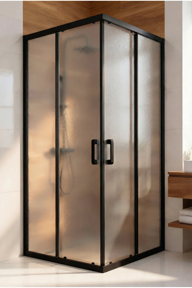 Duşakabin Kare Siyah Buzlu Temperli Cam Sürgülü Kapılı Duşakabin 5 mm 190 cm Teknesiz